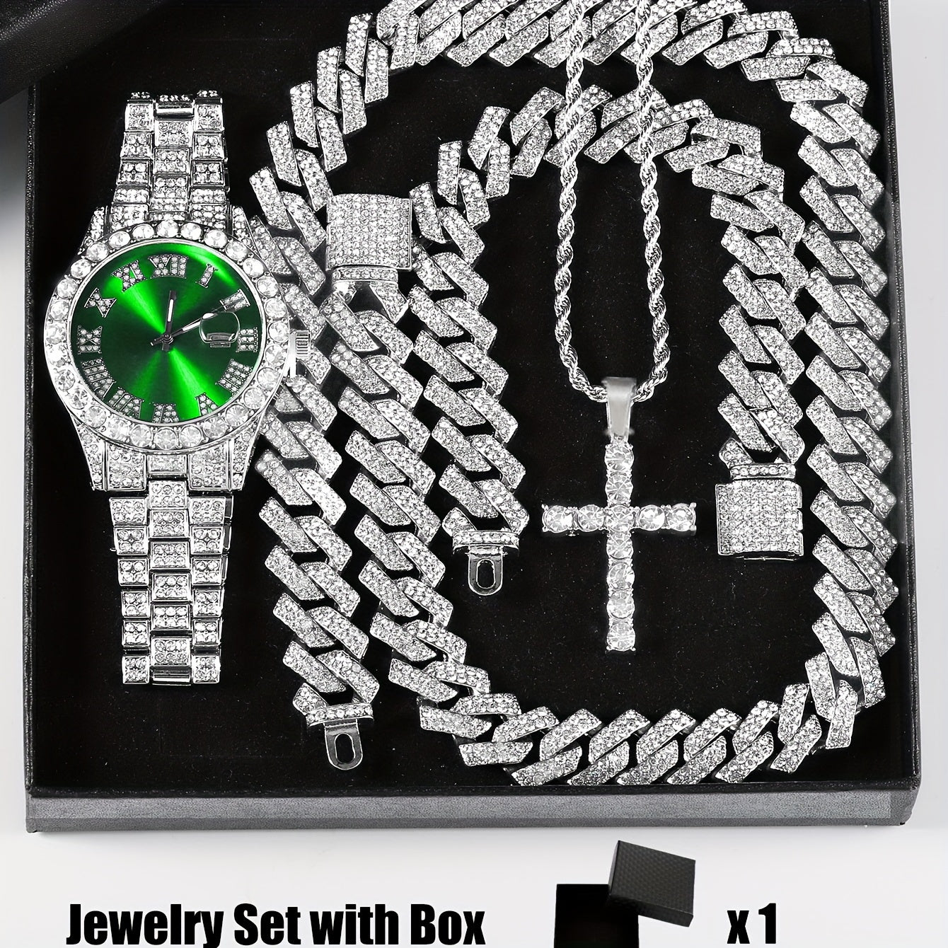 4pcs/set, Men's Rhinestone Wrist Watch & Cross Pendent Jewelry Set, For Men/Women