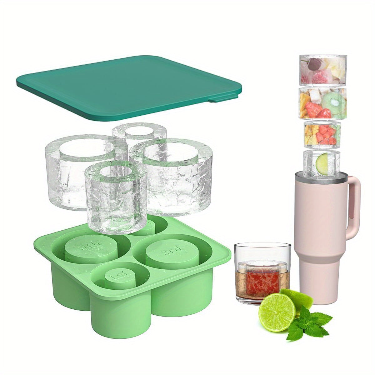 [Bpafree Silicone] Silicone Ice Cube Tray with Lid, 4-Cavity Mold for 20oz/30oz/40oz Tumblers, Flexible and BPA-Free, Easy Release, Perfect for Chilling Cocktails, Whiskey, Coffee - Kitchen Essential