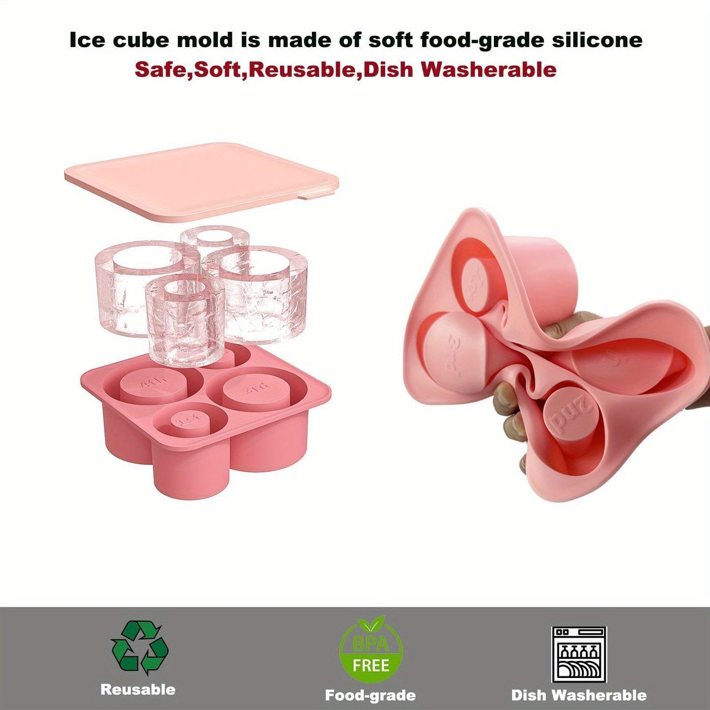 [Bpafree Silicone] Silicone Ice Cube Tray with Lid, 4-Cavity Mold for 20oz/30oz/40oz Tumblers, Flexible and BPA-Free, Easy Release, Perfect for Chilling Cocktails, Whiskey, Coffee - Kitchen Essential