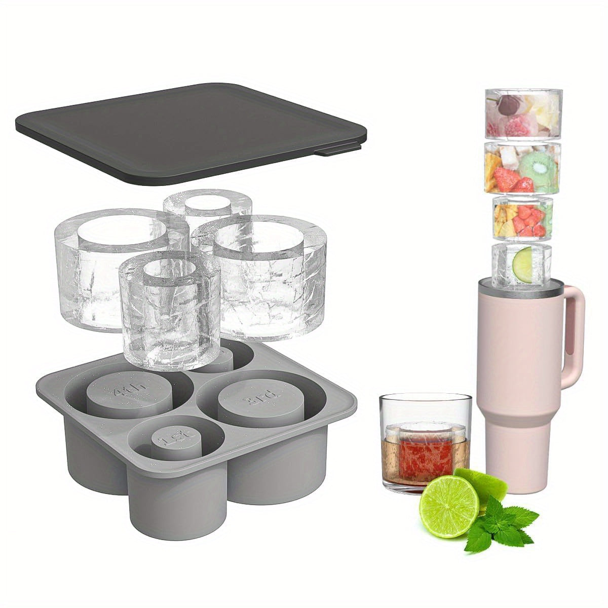 [Bpafree Silicone] Silicone Ice Cube Tray with Lid, 4-Cavity Mold for 20oz/30oz/40oz Tumblers, Flexible and BPA-Free, Easy Release, Perfect for Chilling Cocktails, Whiskey, Coffee - Kitchen Essential