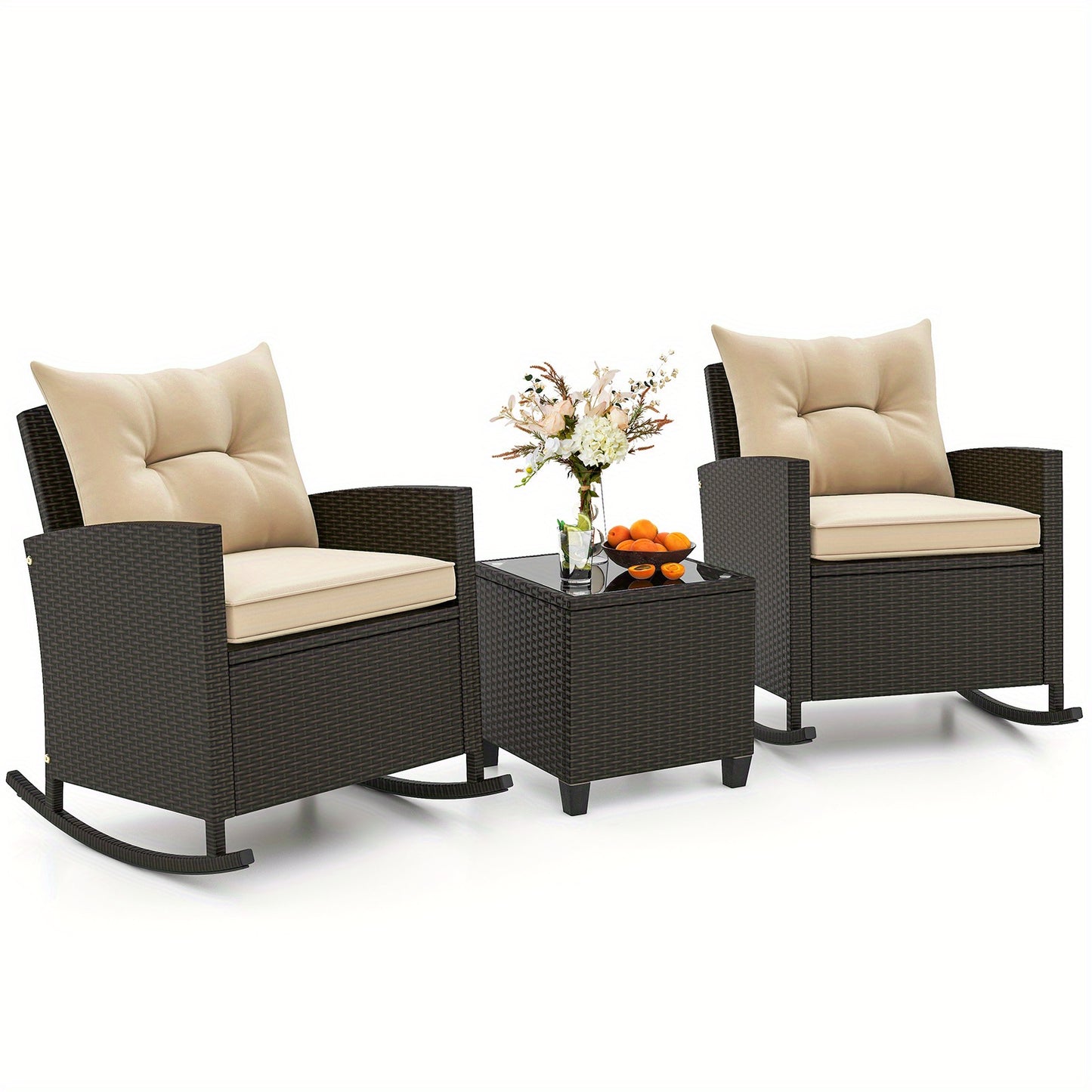 [Wicker Rocking Set] 3 PCS Homasis Patio Wicker Rocking Set - Soft Cushions & Tempered Glass Table Outdoor