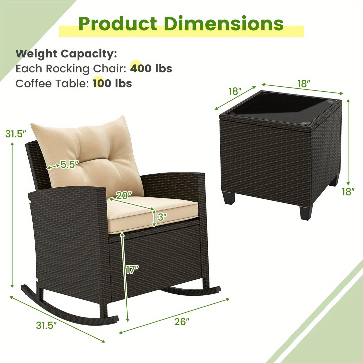 [Wicker Rocking Set] 3 PCS Homasis Patio Wicker Rocking Set - Soft Cushions & Tempered Glass Table Outdoor