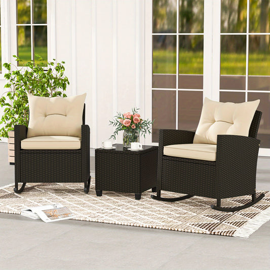 [Wicker Rocking Set] 3 PCS Homasis Patio Wicker Rocking Set - Soft Cushions & Tempered Glass Table Outdoor