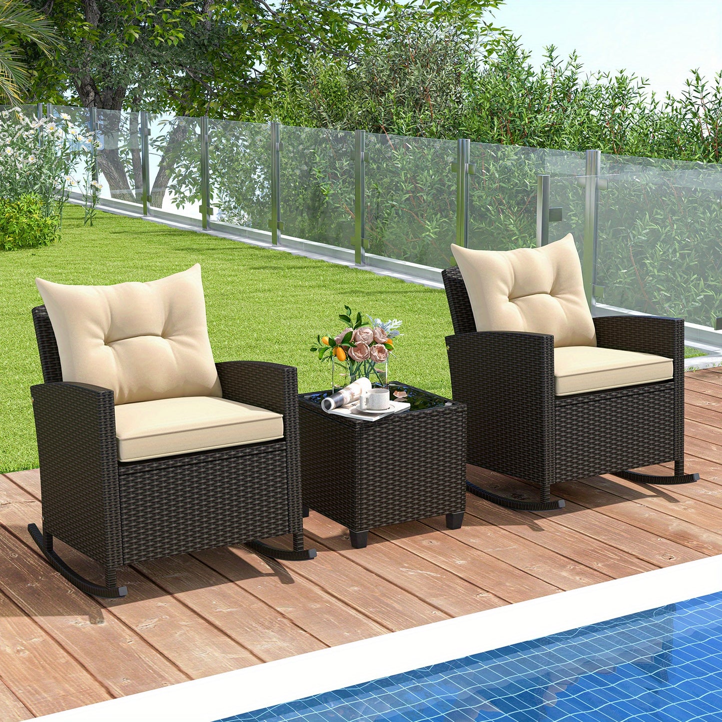 [Wicker Rocking Set] 3 PCS Homasis Patio Wicker Rocking Set - Soft Cushions & Tempered Glass Table Outdoor