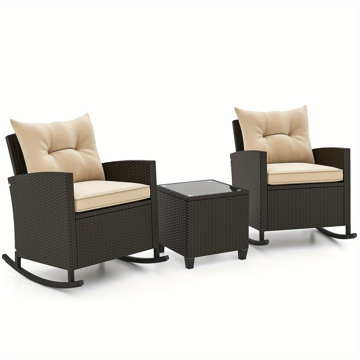 [Wicker Rocking Set] 3 PCS Homasis Patio Wicker Rocking Set - Soft Cushions & Tempered Glass Table Outdoor