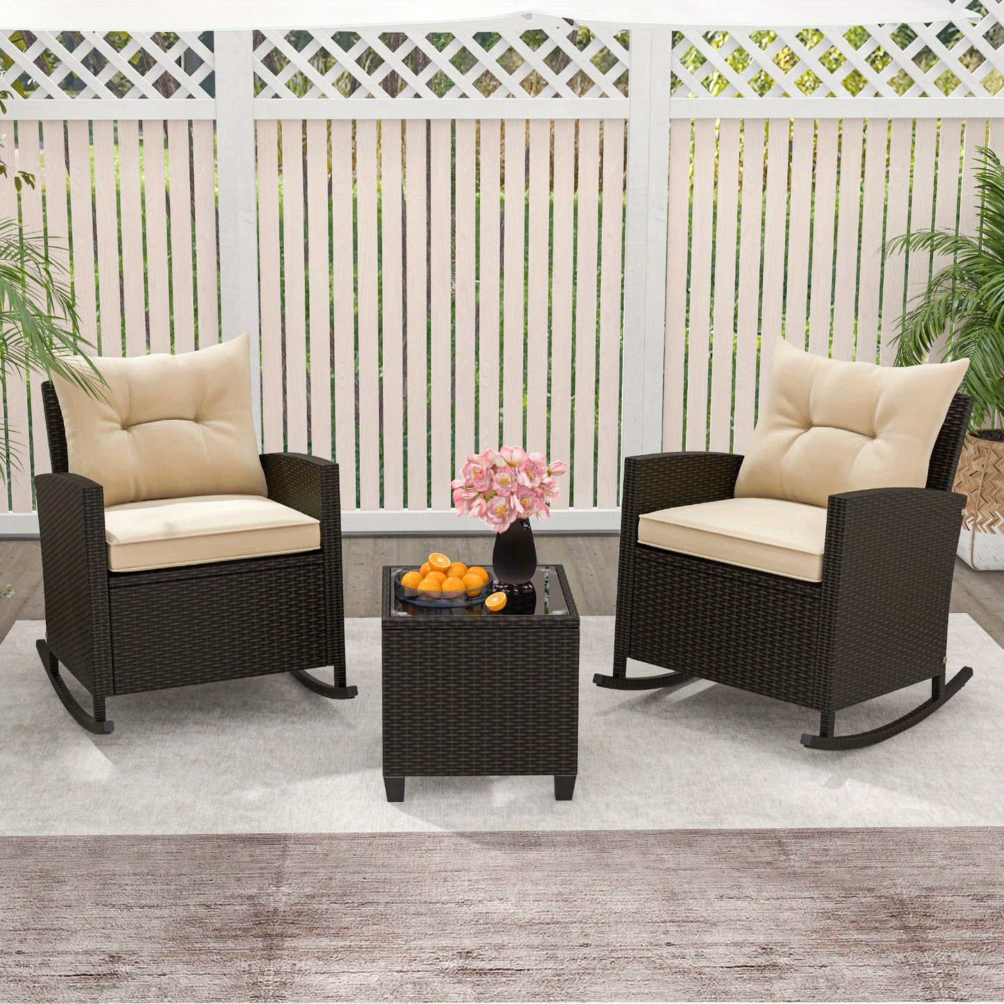 [Wicker Rocking Set] 3 PCS Homasis Patio Wicker Rocking Set - Soft Cushions & Tempered Glass Table Outdoor