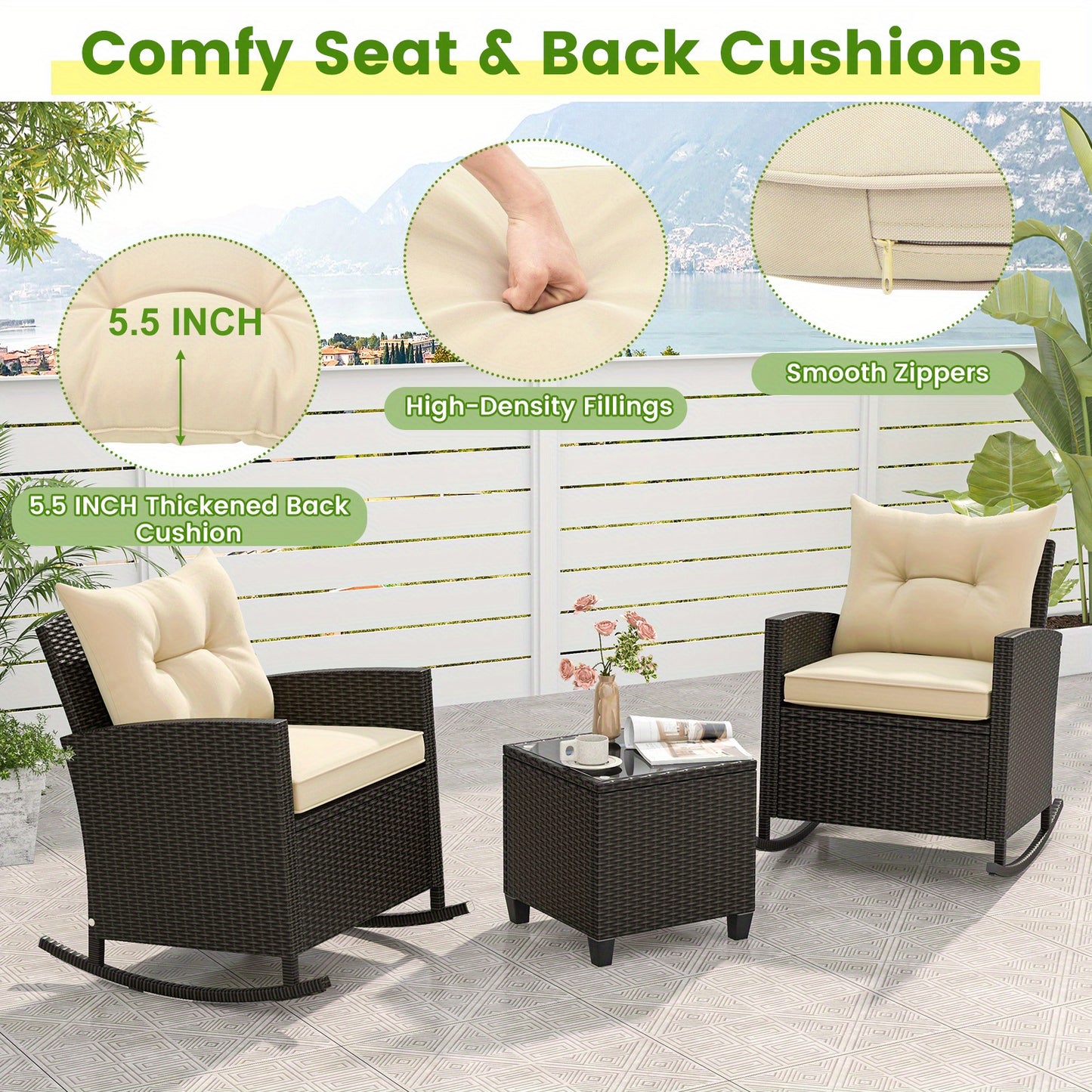 [Wicker Rocking Set] 3 PCS Homasis Patio Wicker Rocking Set - Soft Cushions & Tempered Glass Table Outdoor