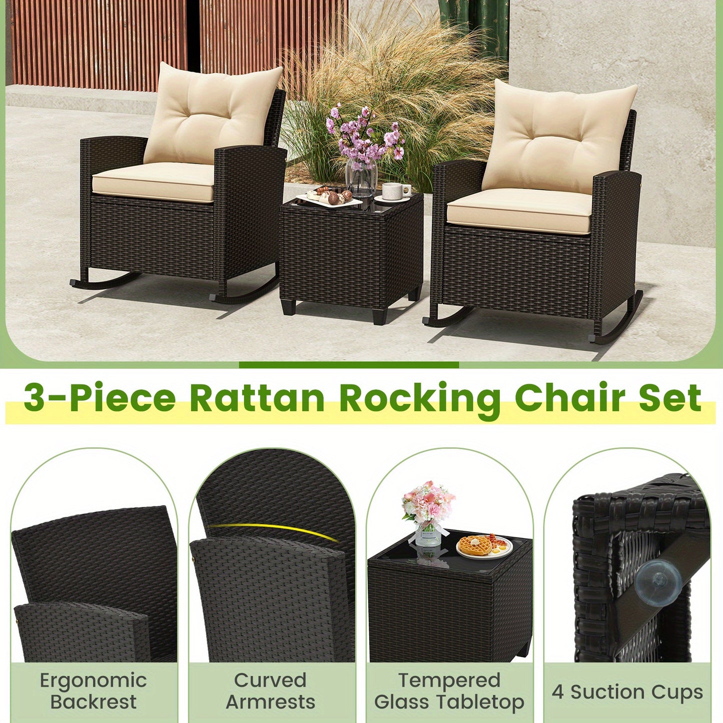 [Wicker Rocking Set] 3 PCS Homasis Patio Wicker Rocking Set - Soft Cushions & Tempered Glass Table Outdoor