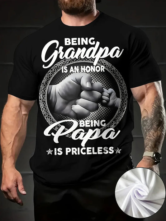 Men's Vintage Crew Neck T-Shirt - Father's Day Gift Idea - "Being Grandpa is Honor, Being Dad is Priceless" Quote - Black with White Text - Regular Fit Big & Tall Sizes - Machine Washable Dad Shirt for Birthday, Anniversary