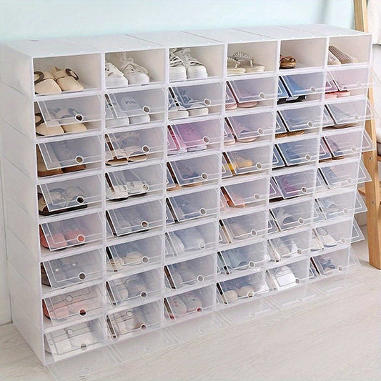 Clear Foldable Stackable Plastic Shoe Storage - Stackable Clear Plastic Shoe Storage Boxes, 12.9x9x5.5 inches, White, Ideal for Sneakers and Ankle Boots, Entryway Organizer|Sleek Shoe Box|Clear Visibility Storage