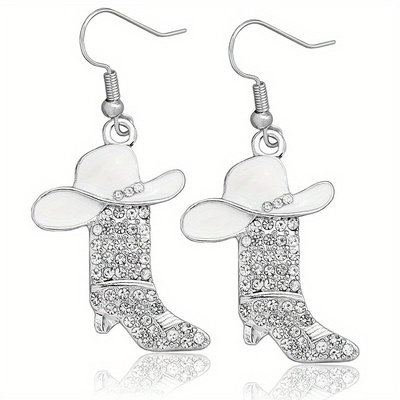 [Vintage Elegant Rhinestone Drop Earrings] Western Boot & Cowboy Hat Rhinestone Drop Earrings, Vintage Elegant Style Alloy Dangle Earrings for Women, Daily & Party Wear, Iron Ear Needle, Non-Feathered Fashion Statement Jewelr