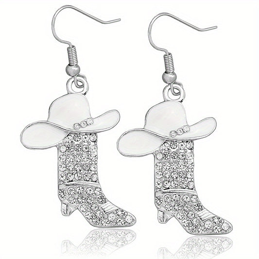 [Vintage Elegant Rhinestone Drop Earrings] Western Boot & Cowboy Hat Rhinestone Drop Earrings, Vintage Elegant Style Alloy Dangle Earrings for Women, Daily & Party Wear, Iron Ear Needle, Non-Feathered Fashion Statement Jewelr