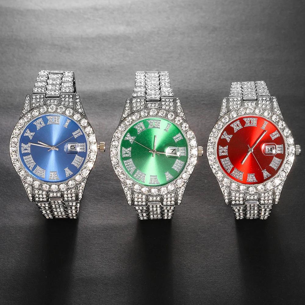 4pcs/set, Men's Rhinestone Wrist Watch & Cross Pendent Jewelry Set, For Men/Women