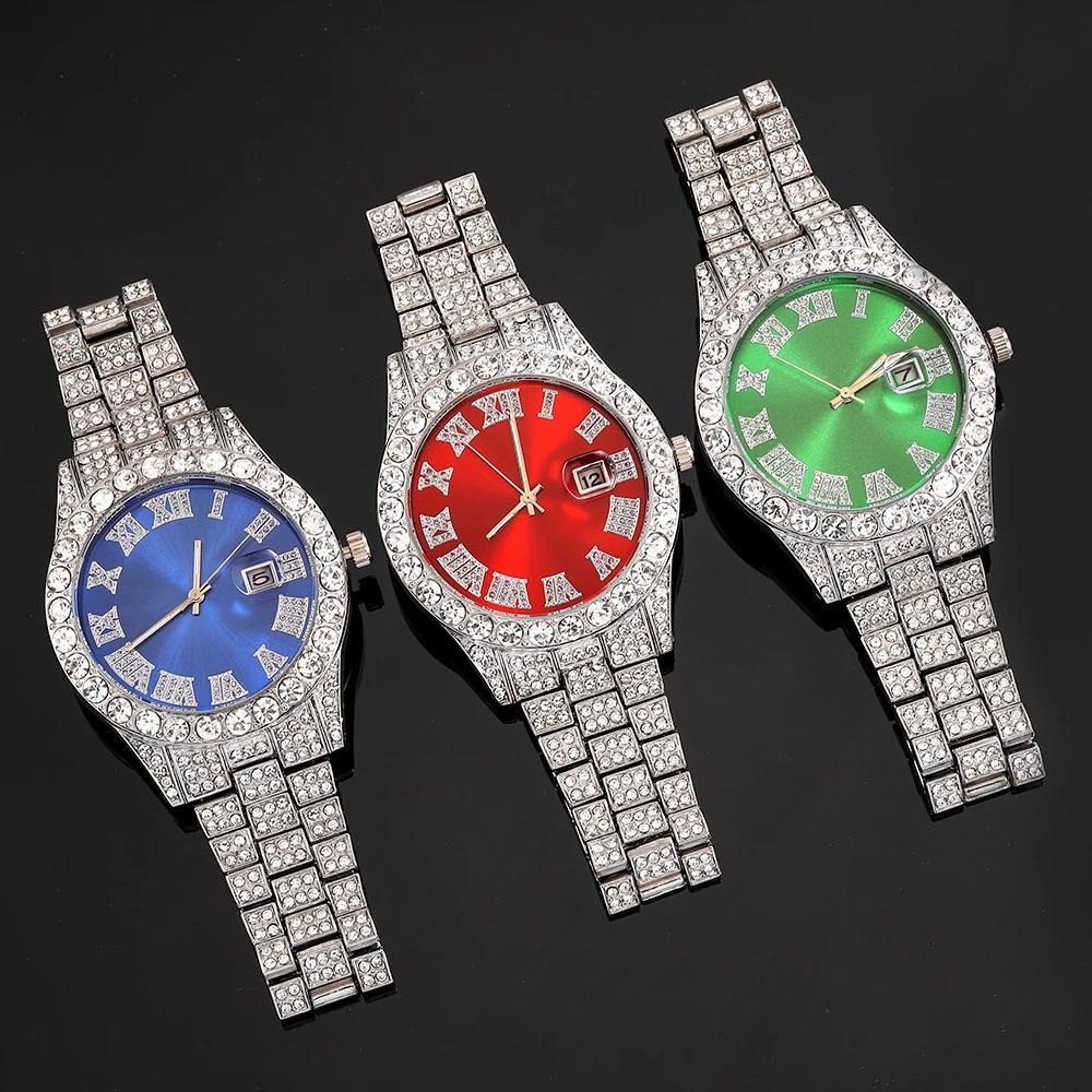 4pcs/set, Men's Rhinestone Wrist Watch & Cross Pendent Jewelry Set, For Men/Women