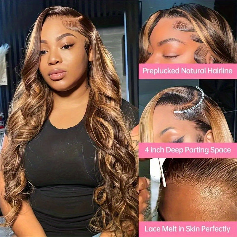 13x5 Highlight HD Lace Front Human Hair Wigs P4/ 27 Ombre Brown Colored Brazilian Body Wave HD Lace Frontal Wig for Women Pre Plucked Transparent Lace Closure Wig 28 30 32 34 Inches