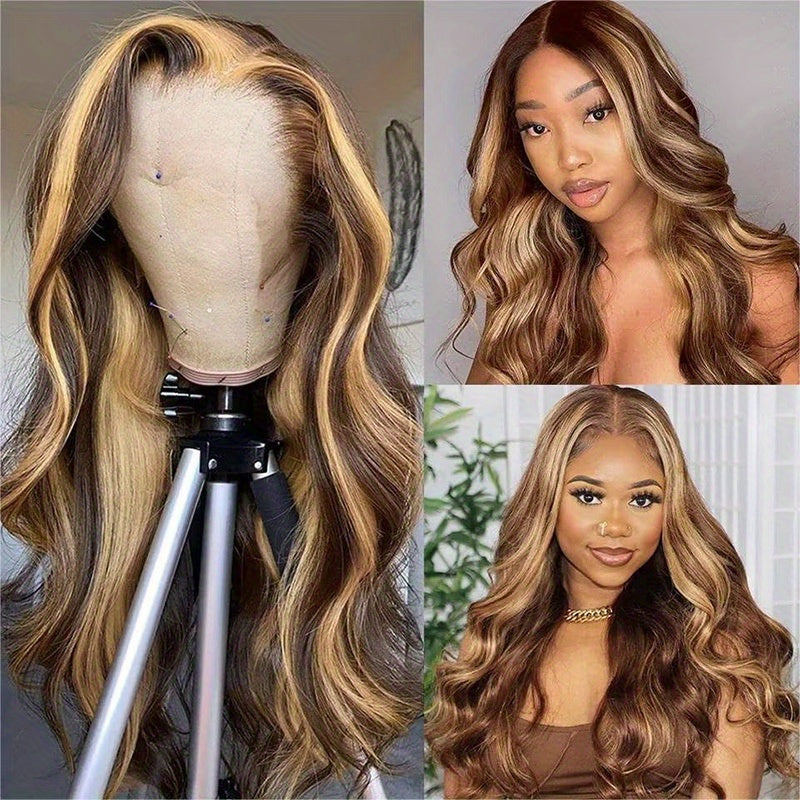 13x5 Highlight HD Lace Front Human Hair Wigs P4/ 27 Ombre Brown Colored Brazilian Body Wave HD Lace Frontal Wig for Women Pre Plucked Transparent Lace Closure Wig 28 30 32 34 Inches