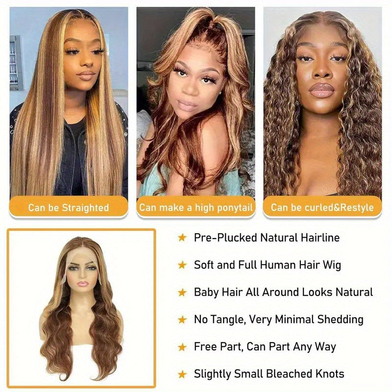 13x5 Highlight HD Lace Front Human Hair Wigs P4/ 27 Ombre Brown Colored Brazilian Body Wave HD Lace Frontal Wig for Women Pre Plucked Transparent Lace Closure Wig 28 30 32 34 Inches