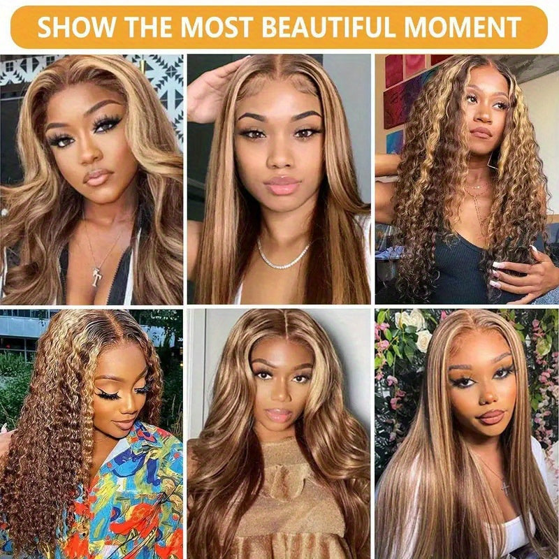 13x5 Highlight HD Lace Front Human Hair Wigs P4/ 27 Ombre Brown Colored Brazilian Body Wave HD Lace Frontal Wig for Women Pre Plucked Transparent Lace Closure Wig 28 30 32 34 Inches