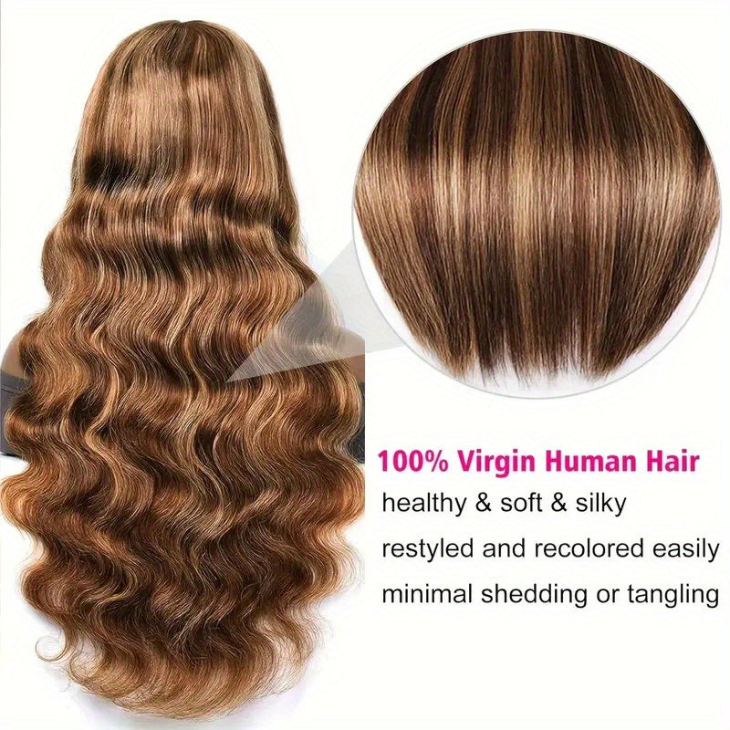 13x5 Highlight HD Lace Front Human Hair Wigs P4/ 27 Ombre Brown Colored Brazilian Body Wave HD Lace Frontal Wig for Women Pre Plucked Transparent Lace Closure Wig 28 30 32 34 Inches