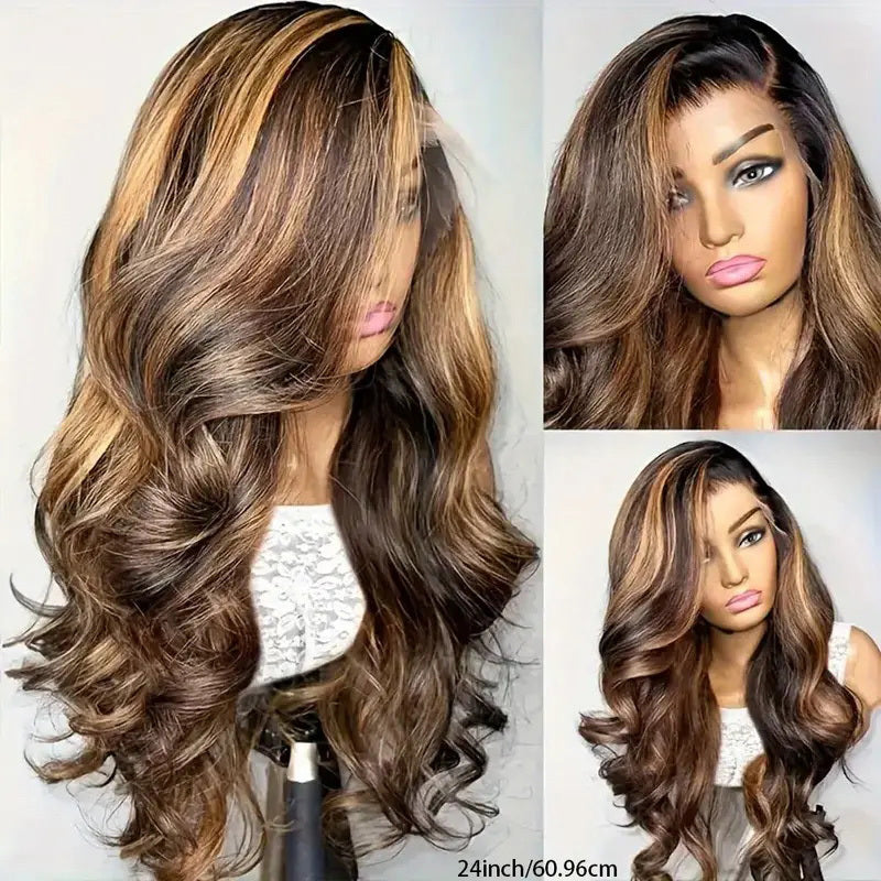 13x5 Highlight HD Lace Front Human Hair Wigs P4/ 27 Ombre Brown Colored Brazilian Body Wave HD Lace Frontal Wig for Women Pre Plucked Transparent Lace Closure Wig 28 30 32 34 Inches