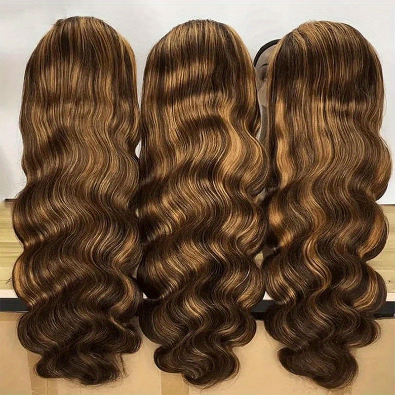 13x5 Highlight HD Lace Front Human Hair Wigs P4/ 27 Ombre Brown Colored Brazilian Body Wave HD Lace Frontal Wig for Women Pre Plucked Transparent Lace Closure Wig 28 30 32 34 Inches