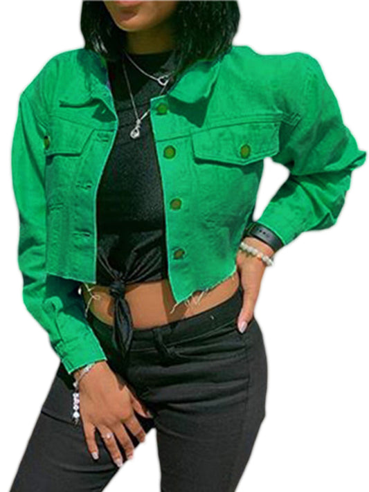 Women's Denim Short Coat, Solid Color Long Sleeve Lapel Jacket Button Down Distressed Hem Crop Jeans Coat