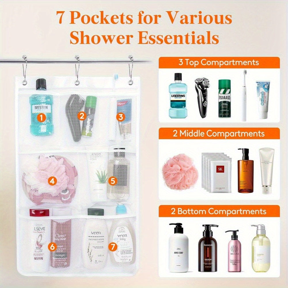 Mesh Shower Caddy, 7 Pockets Hanging Shower Organizer with Quick Drying Mesh, 1 Pack, White