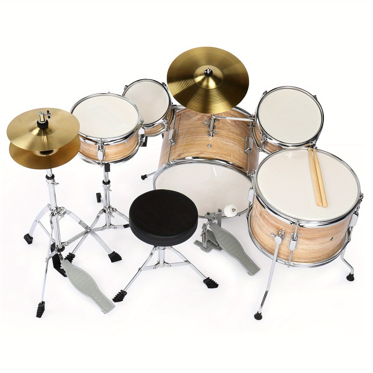 14"x10" Wood Grain Color 5 - Pieces Drum Set for Beginners - Complete with Pedal, Drumsticks, Wrench And Drum Stool - Ideal for Music Training