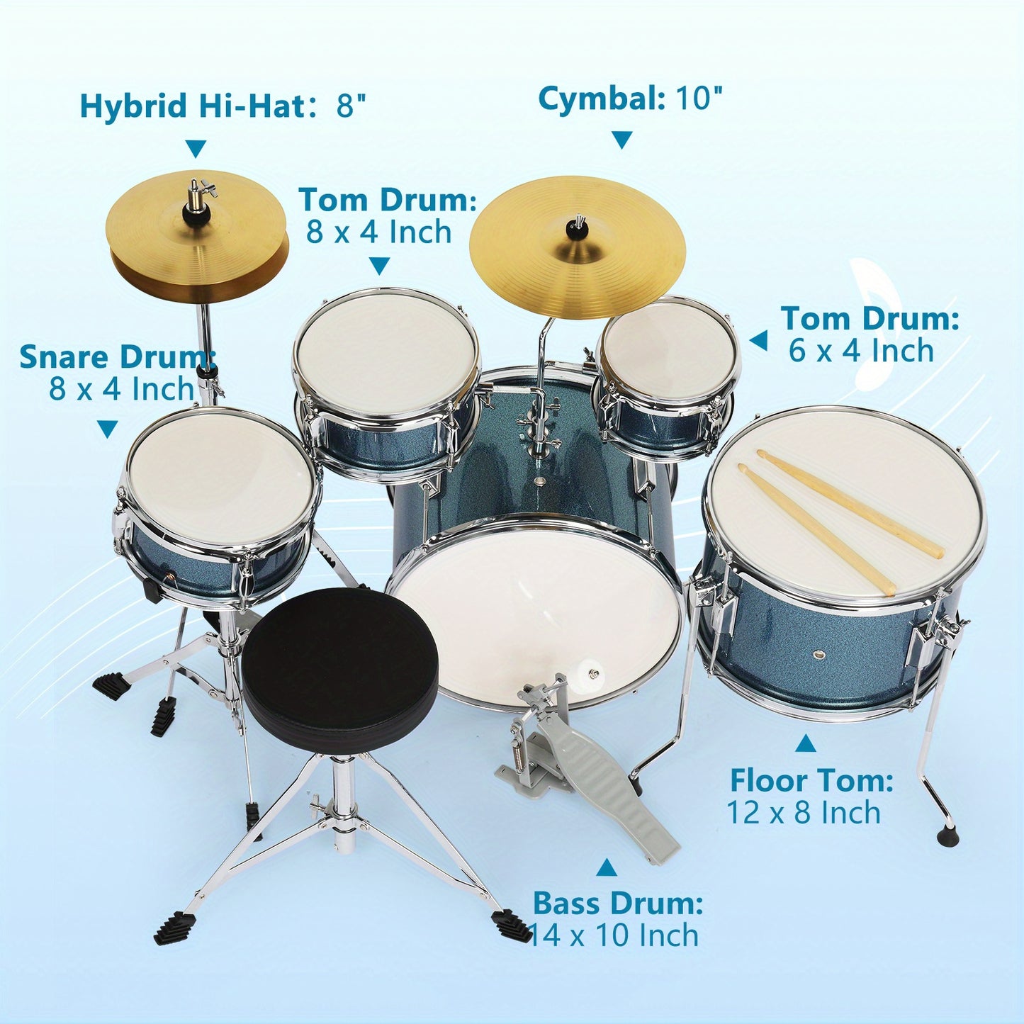 14"x10" Wood Grain Color 5 - Pieces Drum Set for Beginners - Complete with Pedal, Drumsticks, Wrench And Drum Stool - Ideal for Music Training