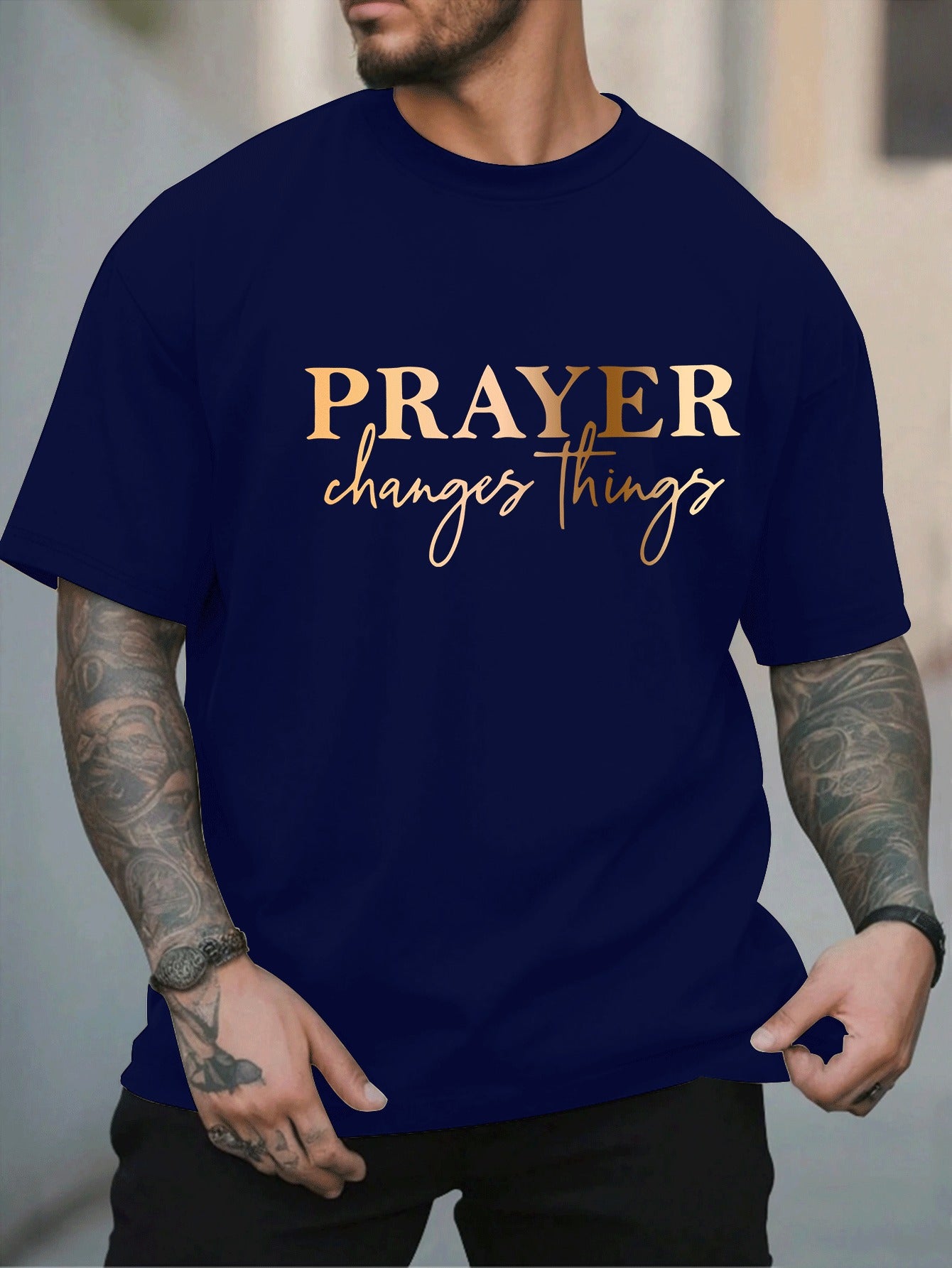 [Summer Fashion, Prayer Quote T-Shirt] Plus Size Men's Casual T-Shirt - "Prayer Changes Things" Quote, Geometric Pattern, Round Neck, Short Sleeve, Summer Fashion - Polyester Knit Fabric Top