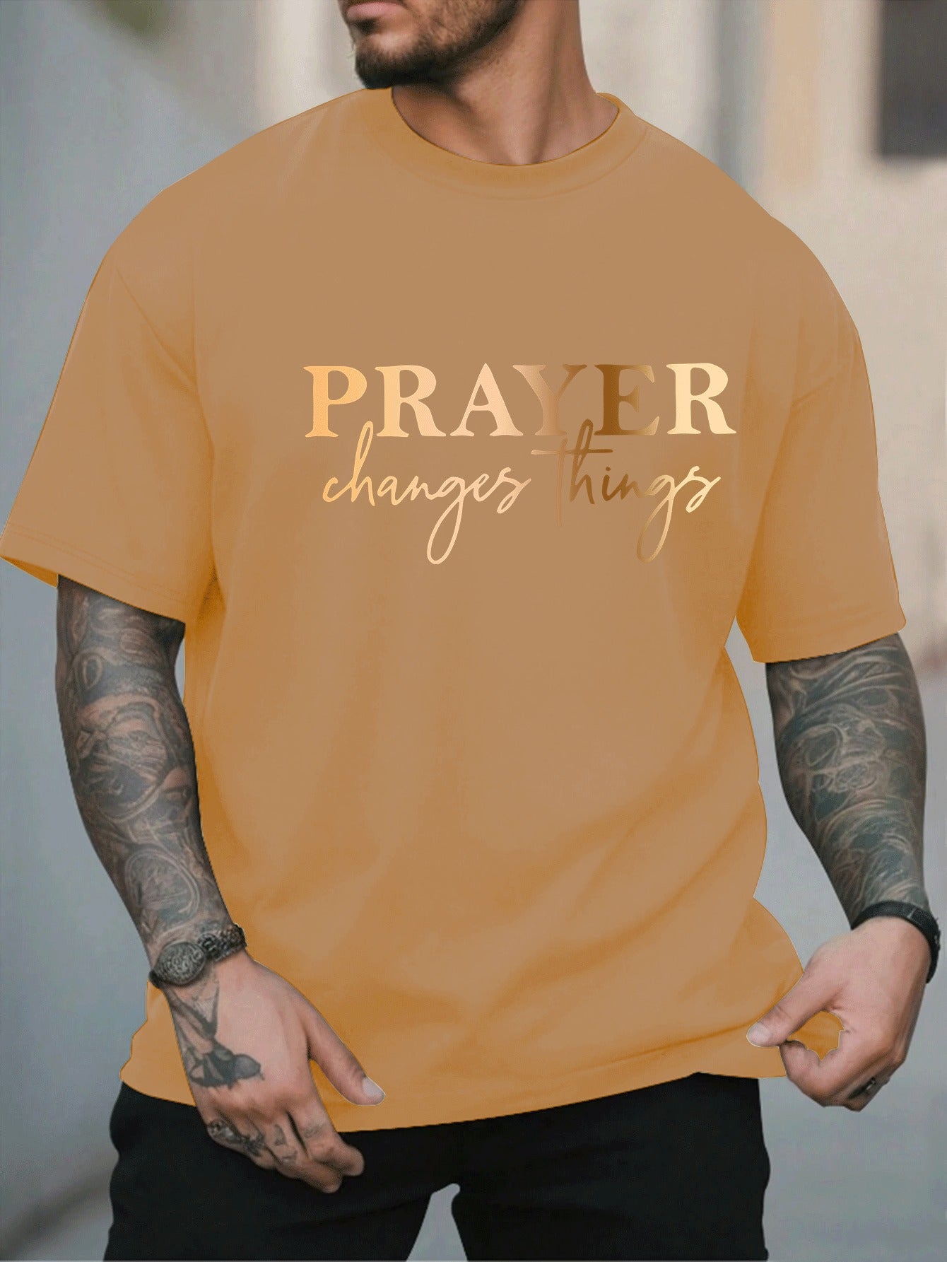 [Summer Fashion, Prayer Quote T-Shirt] Plus Size Men's Casual T-Shirt - "Prayer Changes Things" Quote, Geometric Pattern, Round Neck, Short Sleeve, Summer Fashion - Polyester Knit Fabric Top