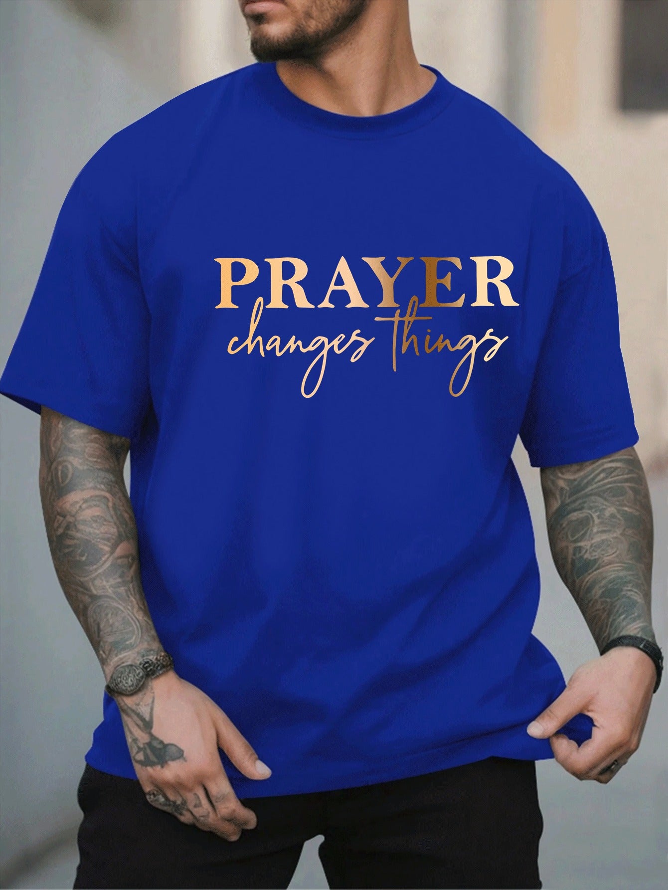 [Summer Fashion, Prayer Quote T-Shirt] Plus Size Men's Casual T-Shirt - "Prayer Changes Things" Quote, Geometric Pattern, Round Neck, Short Sleeve, Summer Fashion - Polyester Knit Fabric Top