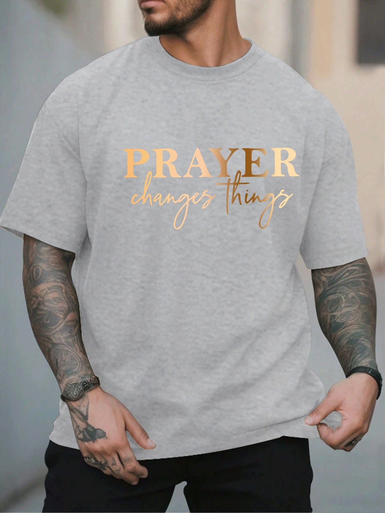 [Summer Fashion, Prayer Quote T-Shirt] Plus Size Men's Casual T-Shirt - "Prayer Changes Things" Quote, Geometric Pattern, Round Neck, Short Sleeve, Summer Fashion - Polyester Knit Fabric Top