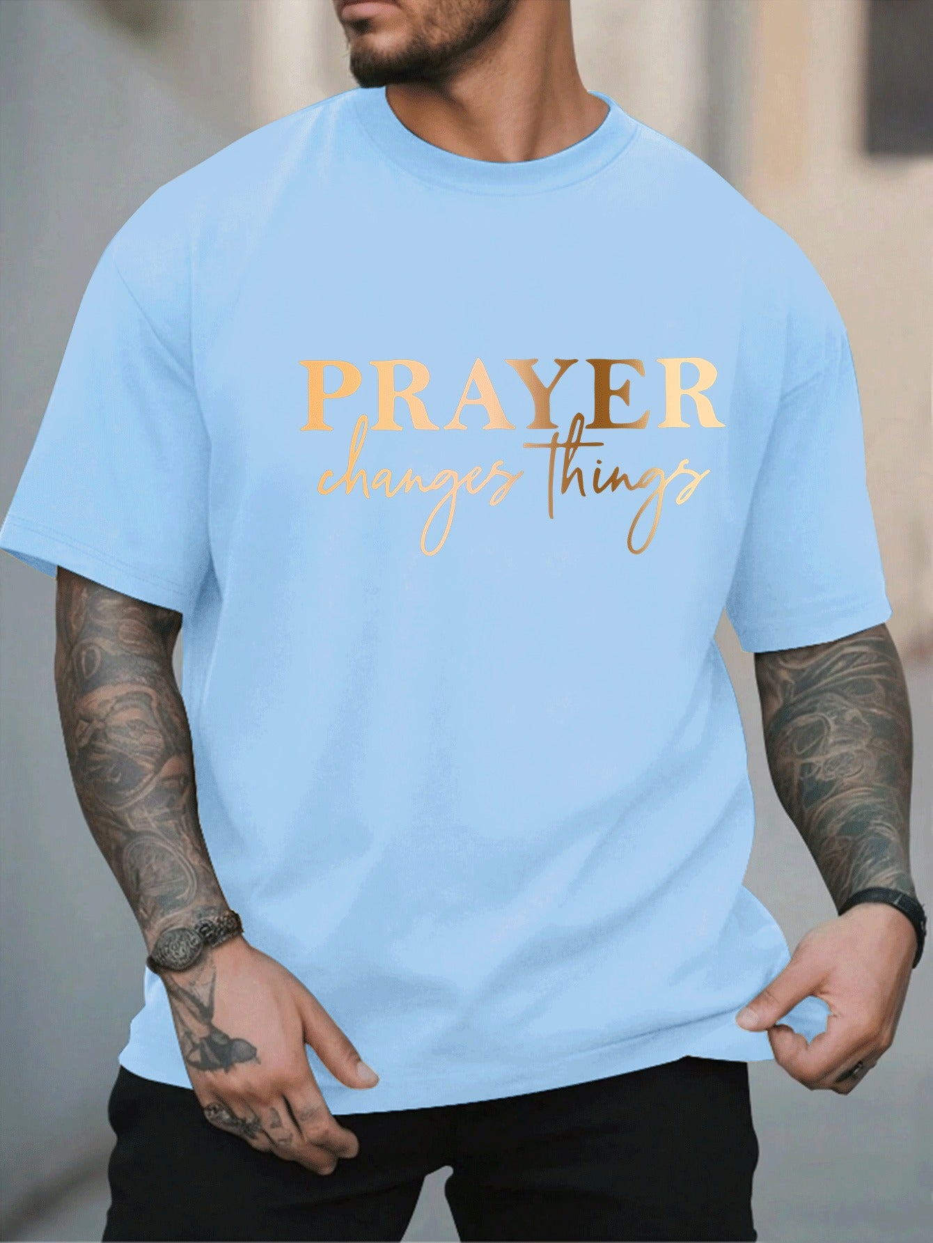 [Summer Fashion, Prayer Quote T-Shirt] Plus Size Men's Casual T-Shirt - "Prayer Changes Things" Quote, Geometric Pattern, Round Neck, Short Sleeve, Summer Fashion - Polyester Knit Fabric Top