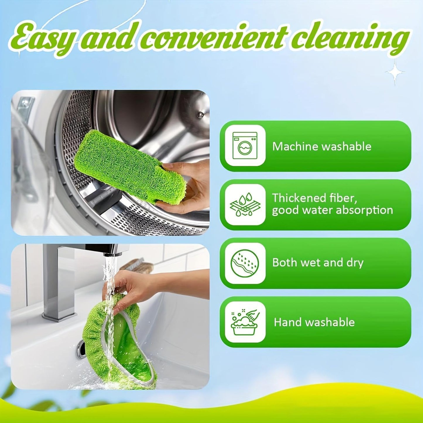 6pcs Super Absorbent Reusable Mop Pads - Green, Durable Polyester Cleaning Cloths for Wet & Dry Floor Care, Easy Household Cleaning Replacement Pads, Wet Dry Mopping | Secure Attachment Pad | Durable Cleaning Cloths, Mops for