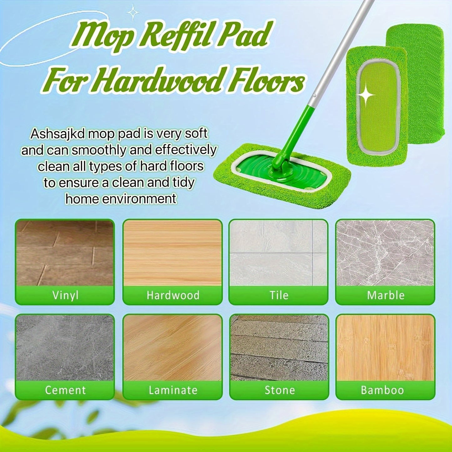 6pcs Super Absorbent Reusable Mop Pads - Green, Durable Polyester Cleaning Cloths for Wet & Dry Floor Care, Easy Household Cleaning Replacement Pads, Wet Dry Mopping | Secure Attachment Pad | Durable Cleaning Cloths, Mops for