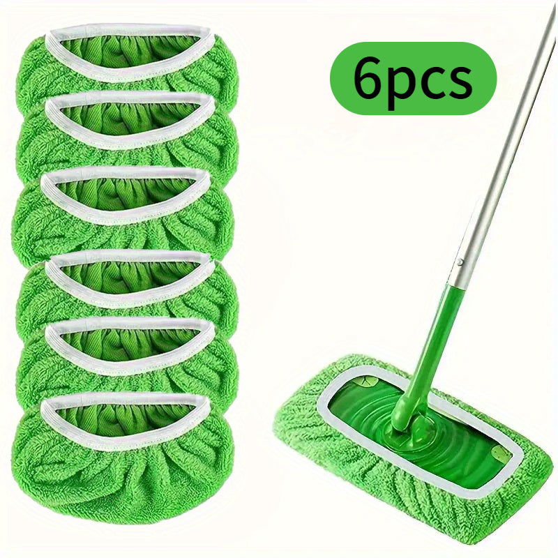 6pcs Super Absorbent Reusable Mop Pads - Green, Durable Polyester Cleaning Cloths for Wet & Dry Floor Care, Easy Household Cleaning Replacement Pads, Wet Dry Mopping | Secure Attachment Pad | Durable Cleaning Cloths, Mops for