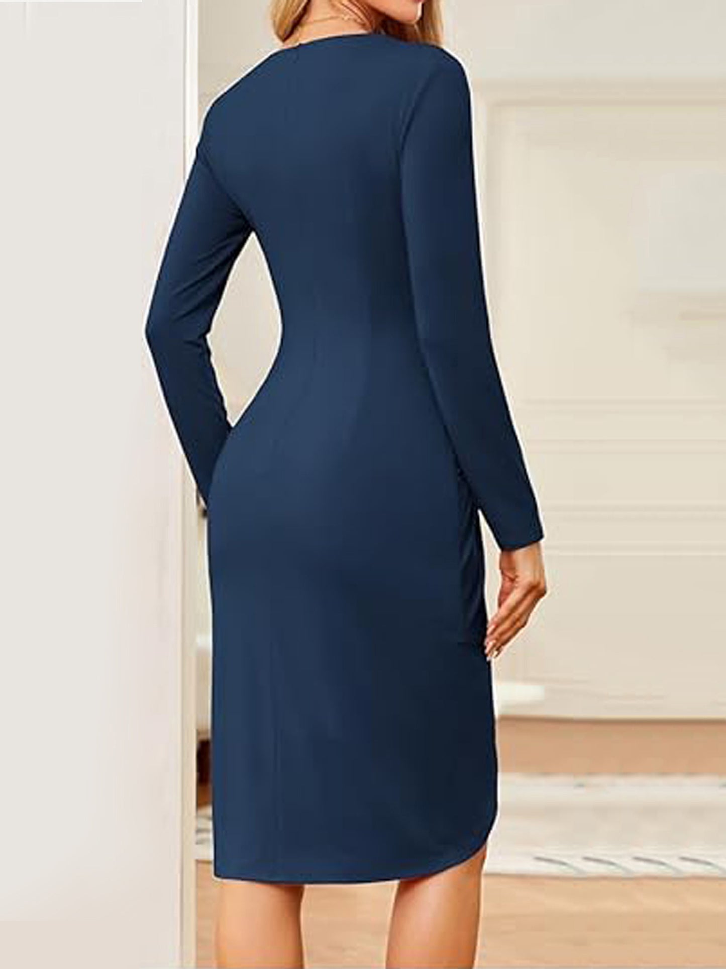 Long Sleeve Women's Dress - V-neck, Elegant Front Split Bodycon Dress - Polyester - For Business & Office Occasions - Suitable for Women - Perfect Gift for Work Events