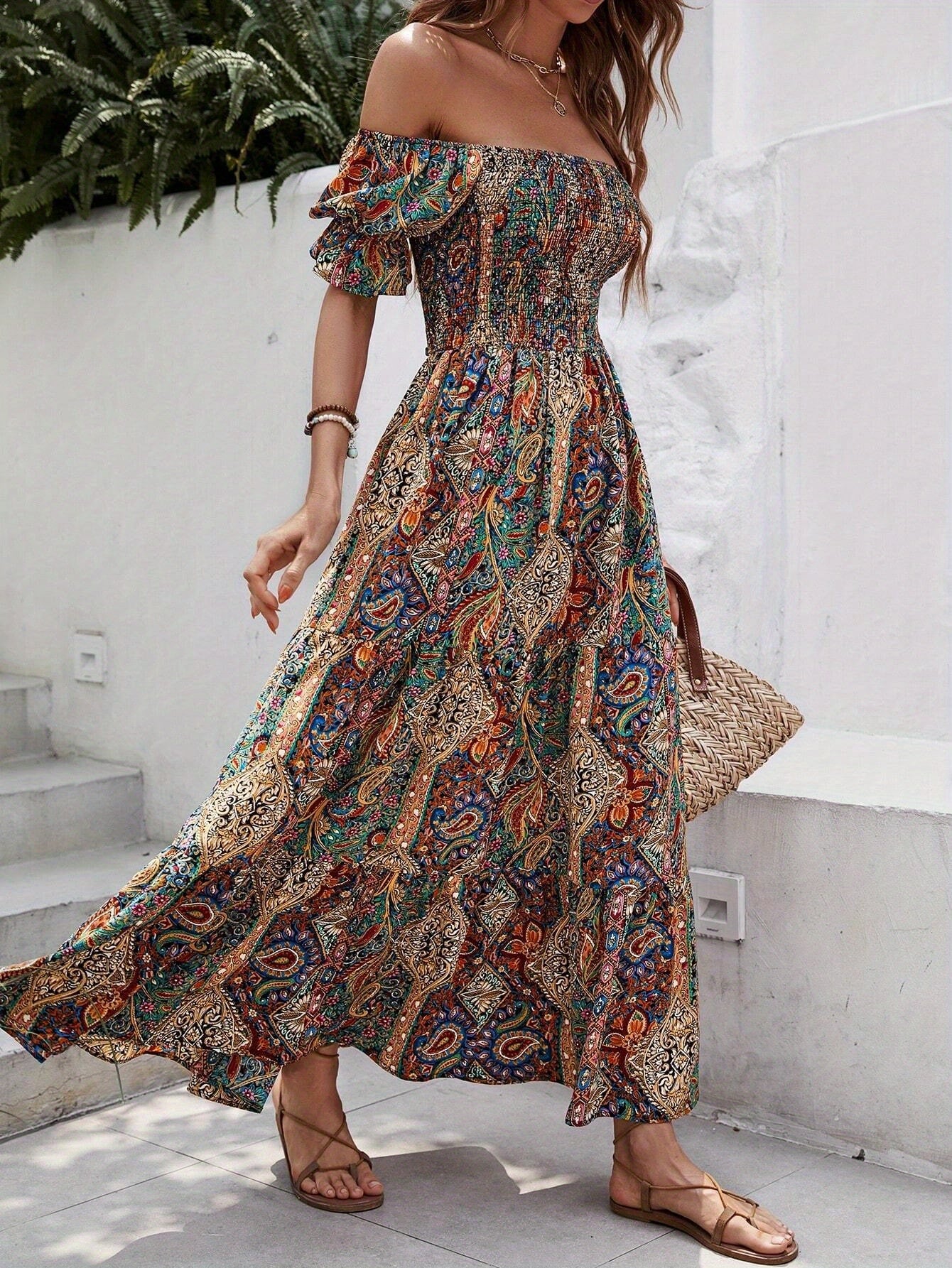 Women'S Boho Off-Shoulder Beach Outfits Floral Print Maxi Dress