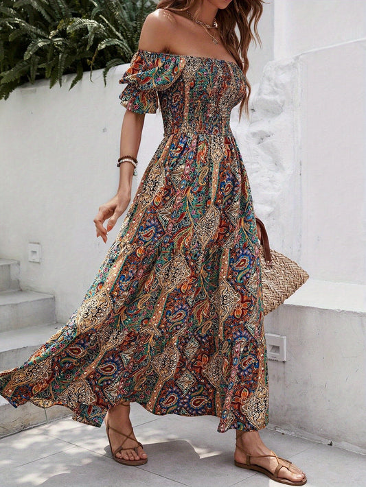 Women'S Boho Off-Shoulder Beach Outfits Floral Print Maxi Dress