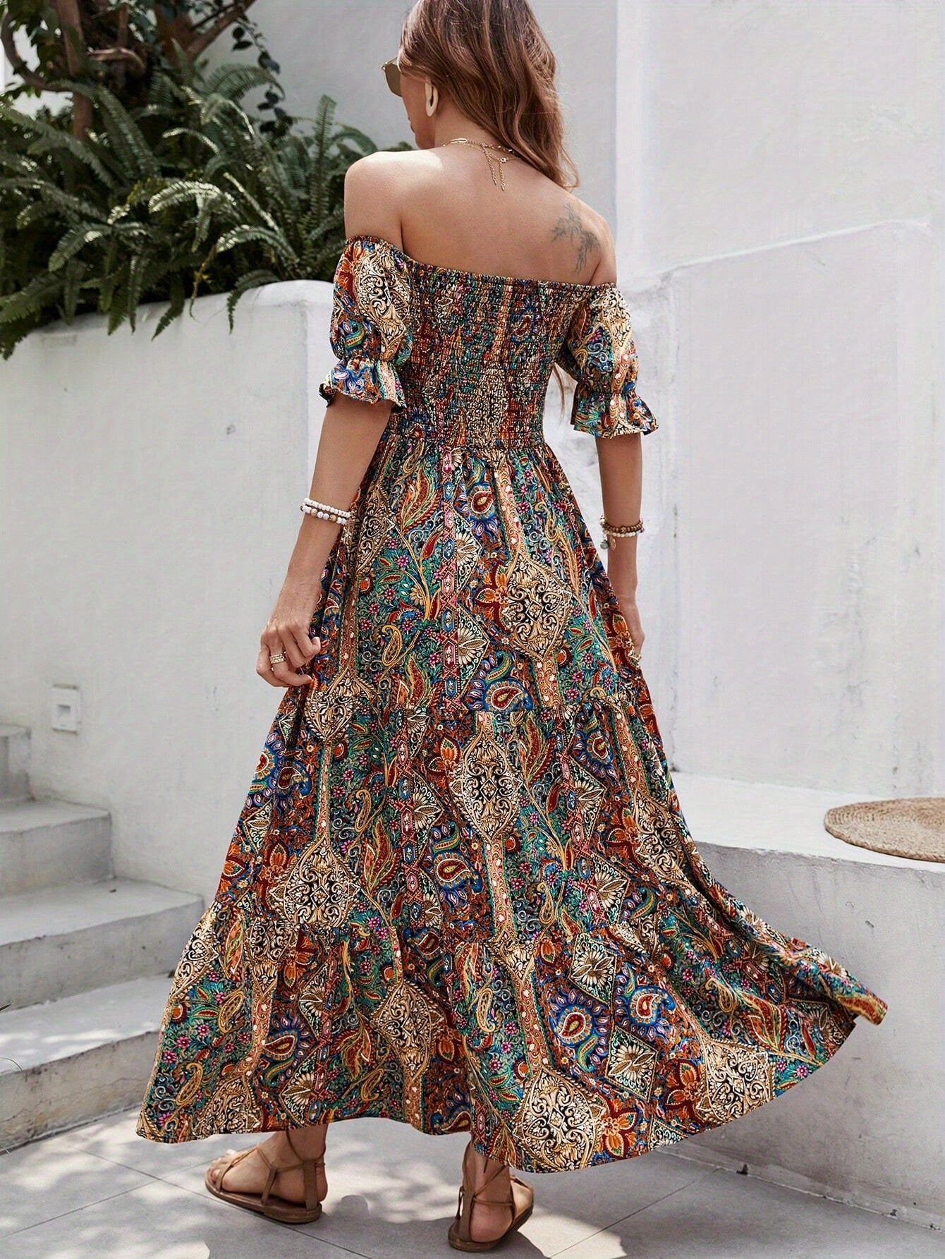 Women'S Boho Off-Shoulder Beach Outfits Floral Print Maxi Dress