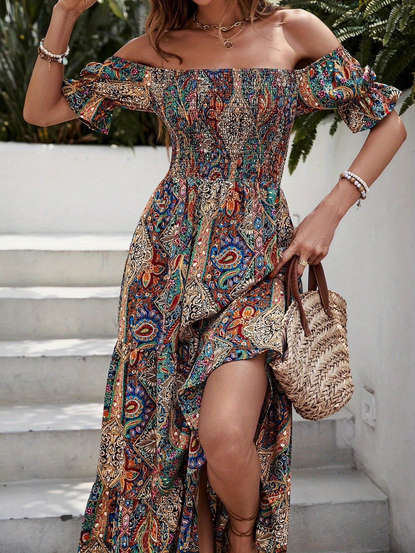 Women'S Boho Off-Shoulder Beach Outfits Floral Print Maxi Dress
