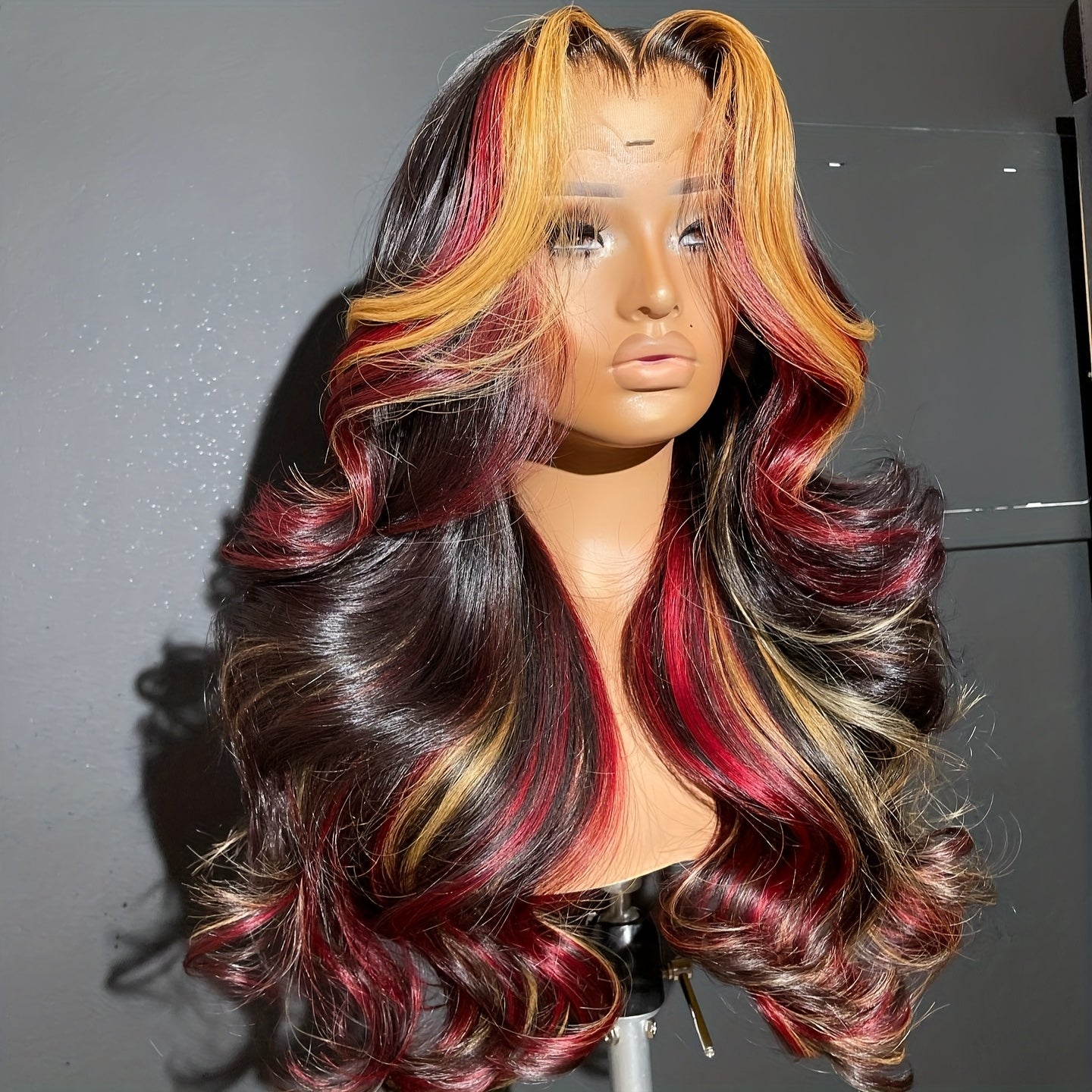 13x4 HD Lace Front Wig with Blonde & Red Highlights - Body Wave Synthetic Hair 180% Density Pre-Plucked Glueless 28 Inch Natural Look for Women All Ethnicities, Versatile Hairpiece | Elegant Hairpiece