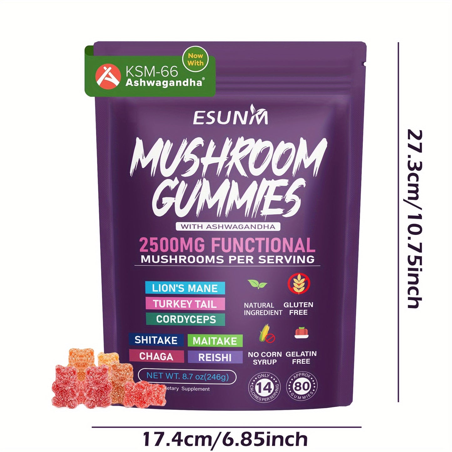 1/2/3/4 Bags Ashwagandha And Lions Mane Mushroom Gummies - Includes Reishi, Cordyceps, Turkey Tail, Maitake, Shiitake, And Chaga, Low Carb, 80 Gummies Per Bag