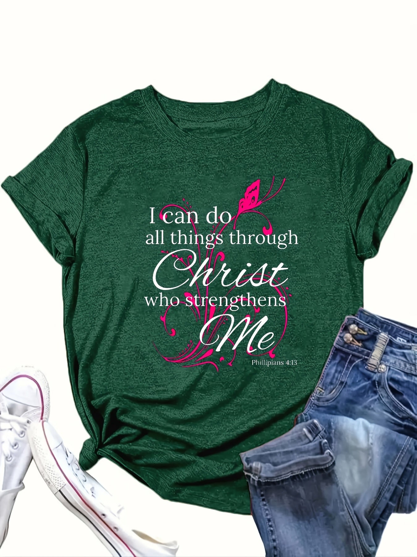 Women'S Plus Size Printed T-Shirt, Floral Graphic, Casual Loose Crew Neck, Soft Knit Fabric, 65% Polyester, 30% Viscose, 5% Elastane, Slight Stretch, All Seasons, 180g/m² - "I Can Do All Things Through Christ Who Strengthens