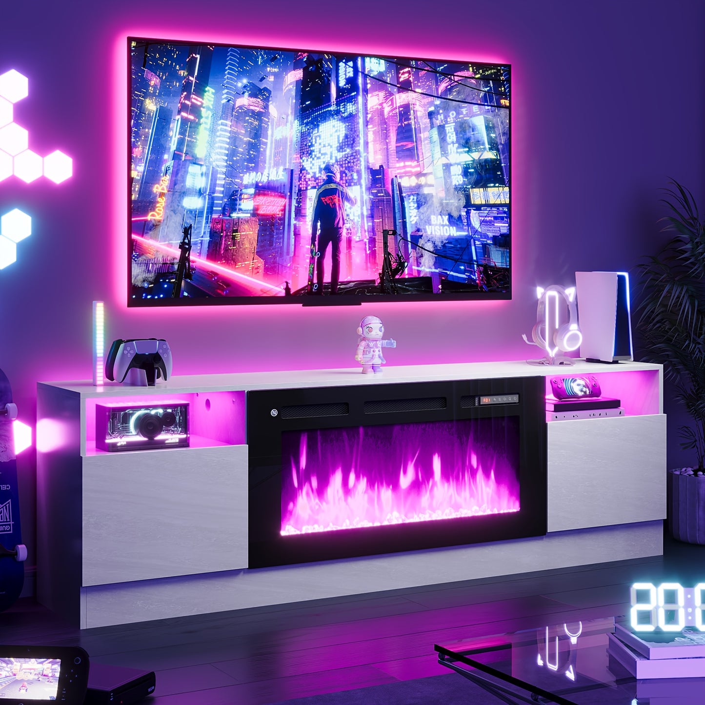 Modern Electric Fireplace TV Stand Entertainment Center with 36.3" Wall-Mounted Fireplace, 12-Color LED Lights, High-Gloss Storage Cabinet & Hardwood Construction - Fits TVs Up to 80", Energy-Efficient, Adjustable Timer
