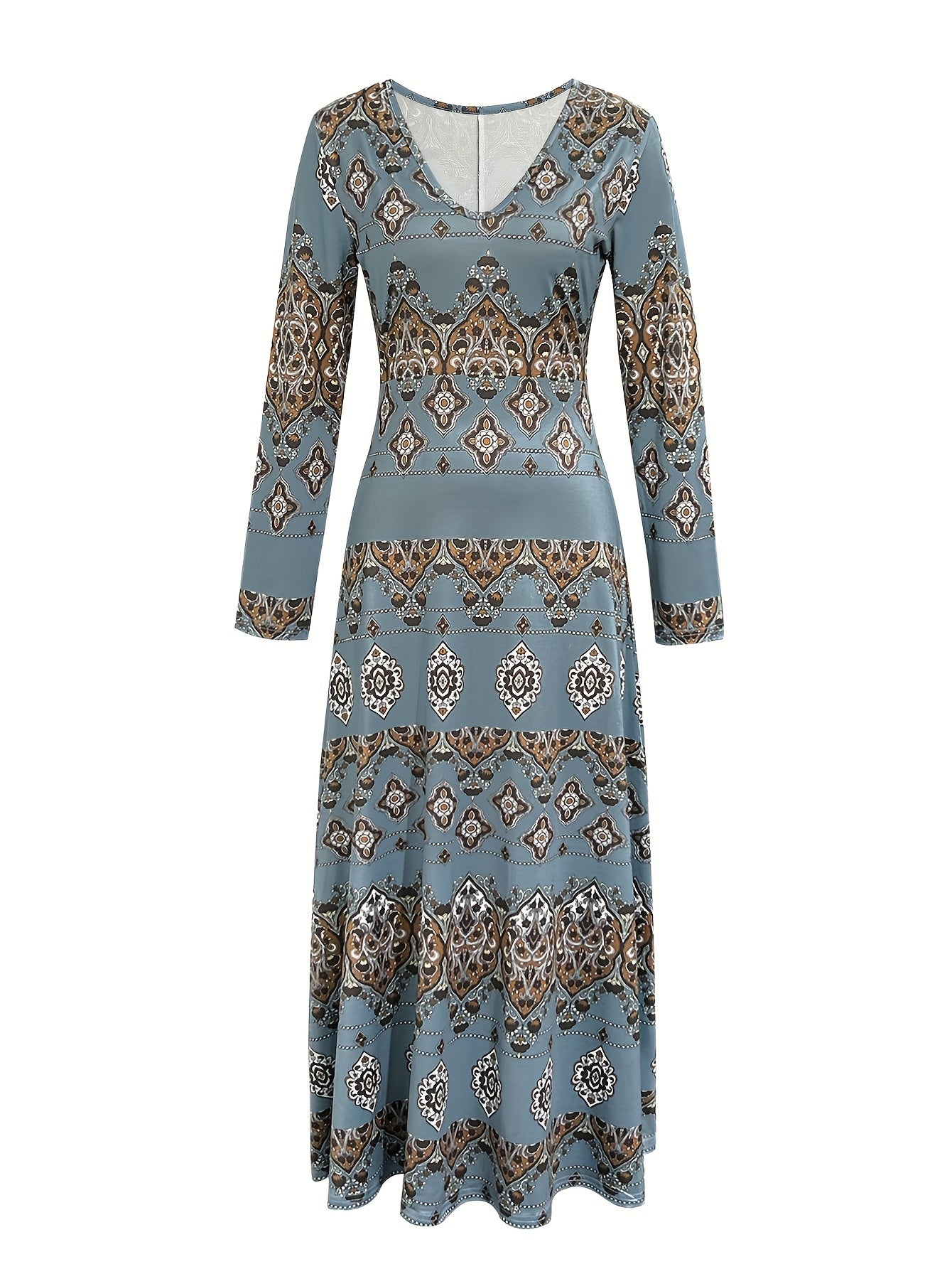 Vibrant Tribal Print Long Sleeve Vintage V Neck Dress - Stylish Women's Dresses for Spring and Fall Seasons - Comfortable, Relaxed Fit, Flattering A-Line Silhouette