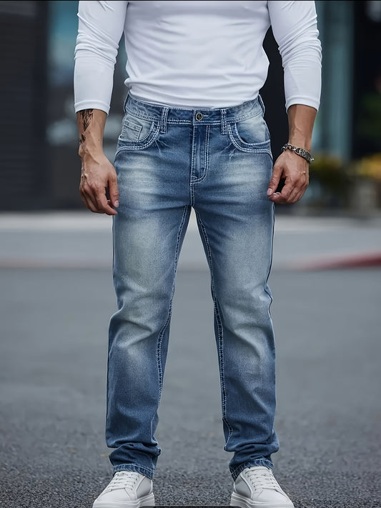 [HME] Fashionable Men's Jeans, Mid-waist, Slightly Elastic, Anti-wrinkle, Slim Straight Leg, Retro Washed Blue, Fashionable And Versatile, High-quality YKK Zipper Closure, Essential For Daily Casual Wear, Versatile Men'S Deni