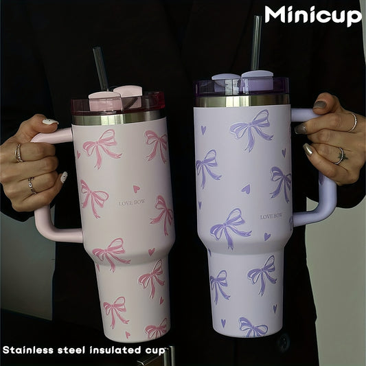 1pc Large Bow Pattern, 40oz-14oz Large Capacity with Handle Car Cup, Ice Ruler Cup, Travel Mug, Stainless Steel Insulated and Cold Cup, Coffee Cup, Suitable for Travel, School, Office, Outdoor, Gym, Family Scenes, Women'S You
