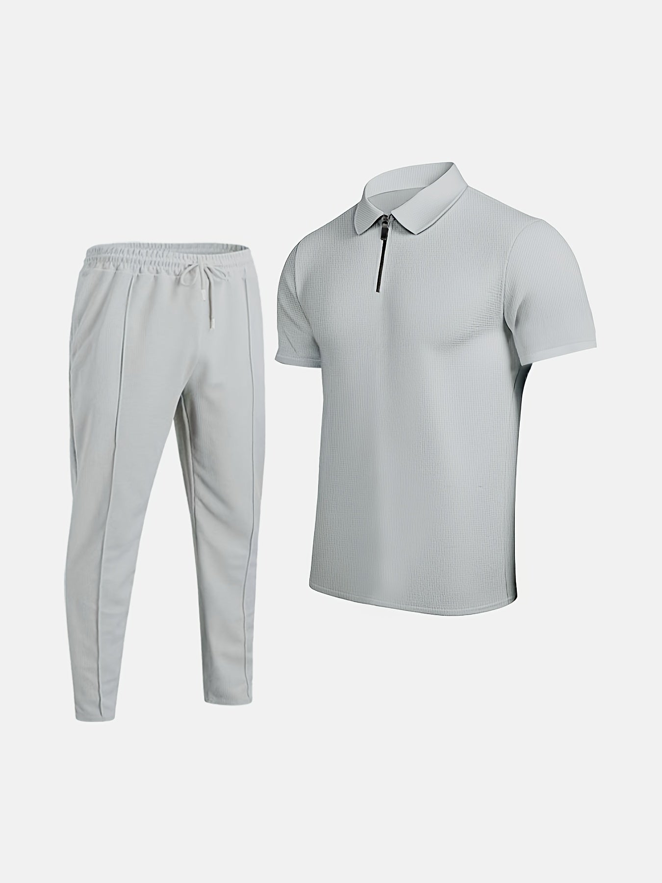 Men's Waffle Texture Lapel Shirt And Pants Set - Polyester Short Sleeved Shirt, Zipper Access, Elastic Drawstring Waist Straight Leg Pants 5 Colors Suitable For Spring, Summer, Autumn, Beach, Outdoor Activities, Daily Wear, S
